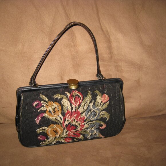 La Marquise Needlepoint Purse Handbag Leather Vintage - Picture 5 of 15